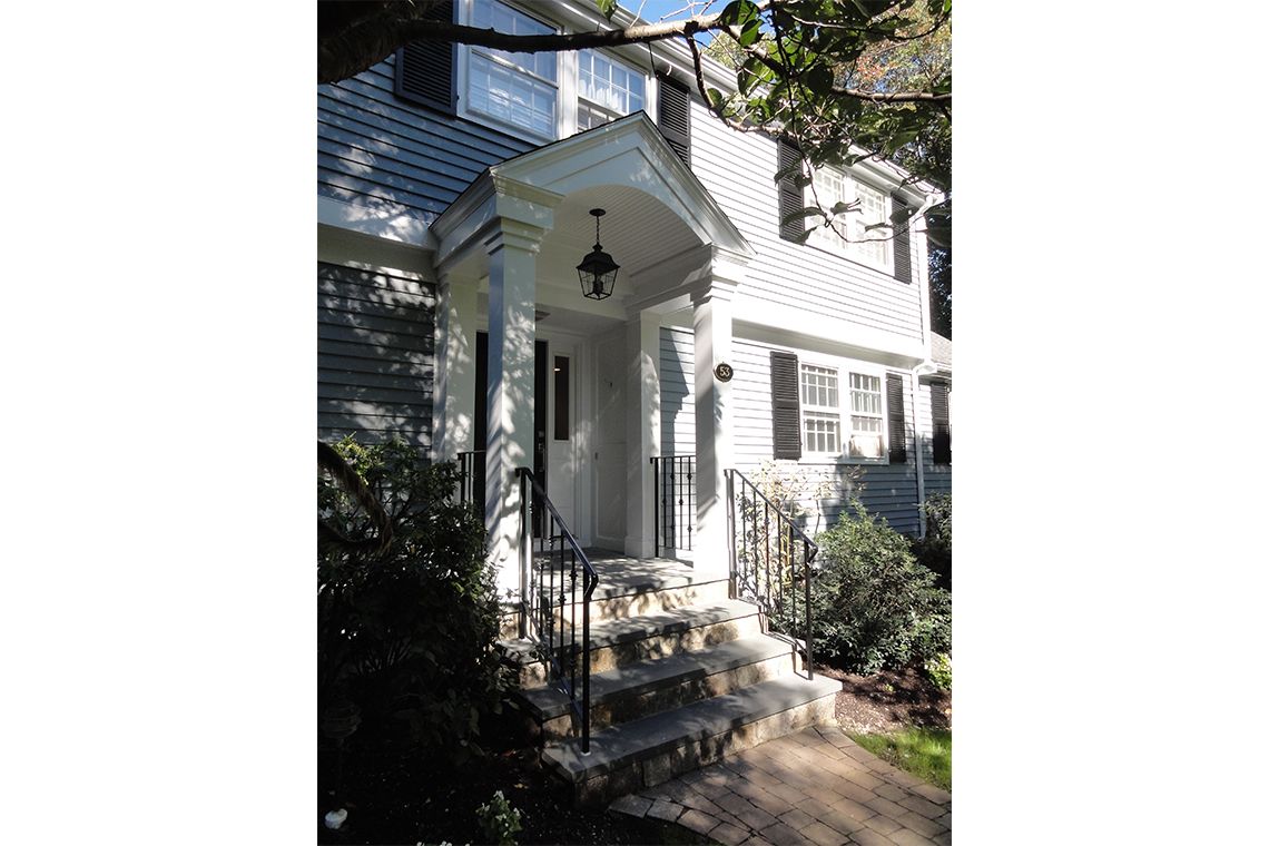 exterior home renovation, front entrance renovation, traditional home entrance, traditional portico, exterior stair entrance, the wiese company