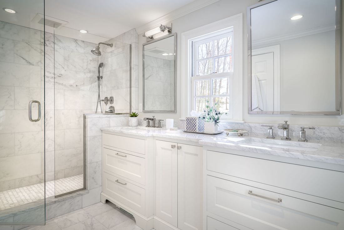 Bathroom renovation, glass door shower, double vanity, the wiese company
