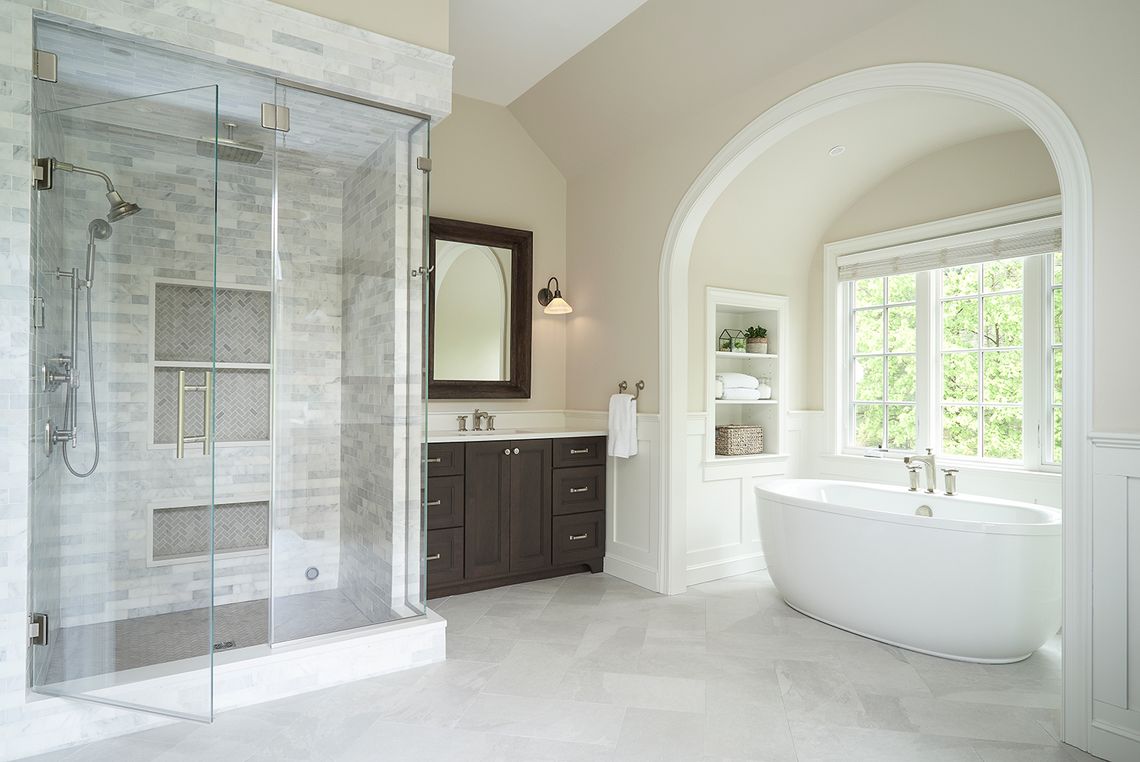 Bathroom renovation, freestanding tub, bathtub niche, glass door shower, master bath, steam shower, the wiese company