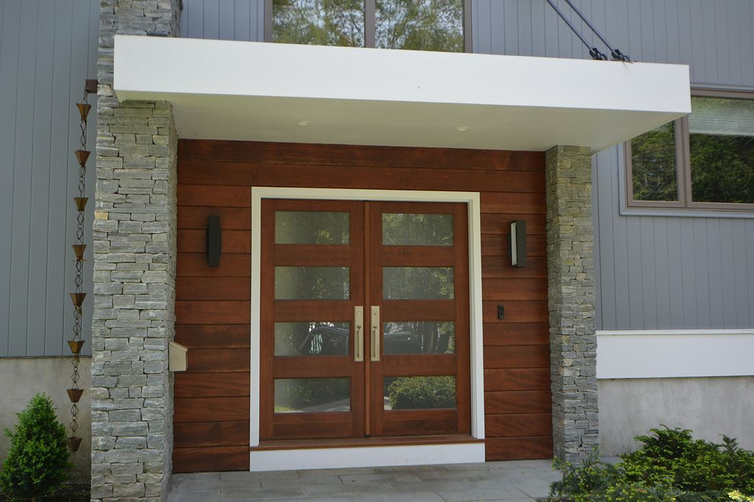 exterior home renovation, front entrance renovation, modern home entrance, modern portico, mixed material home exterior, the wiese company