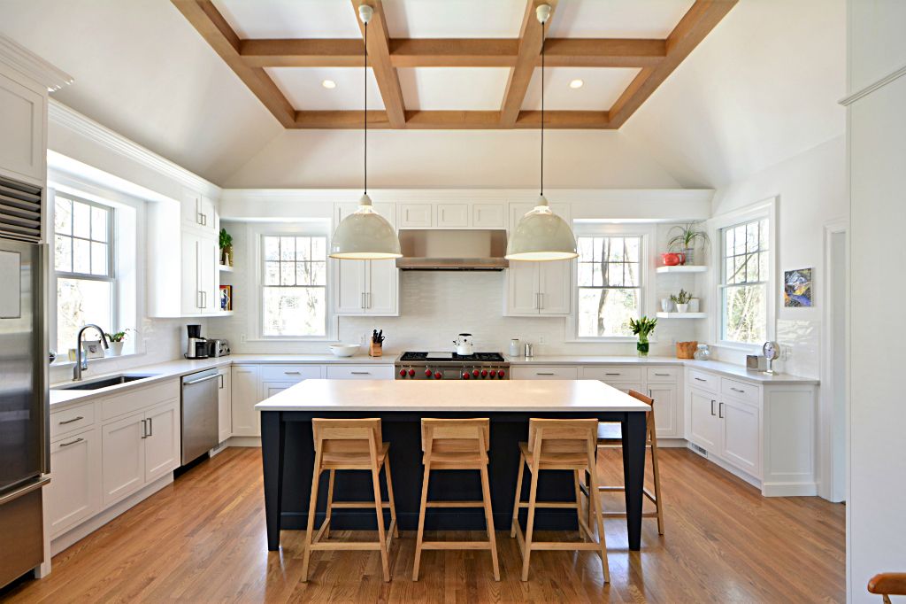 kitchen renovation, colored kitchen island, coffered ceiling, tray ceiling, midcentury modern kitchen, The Wiese Company